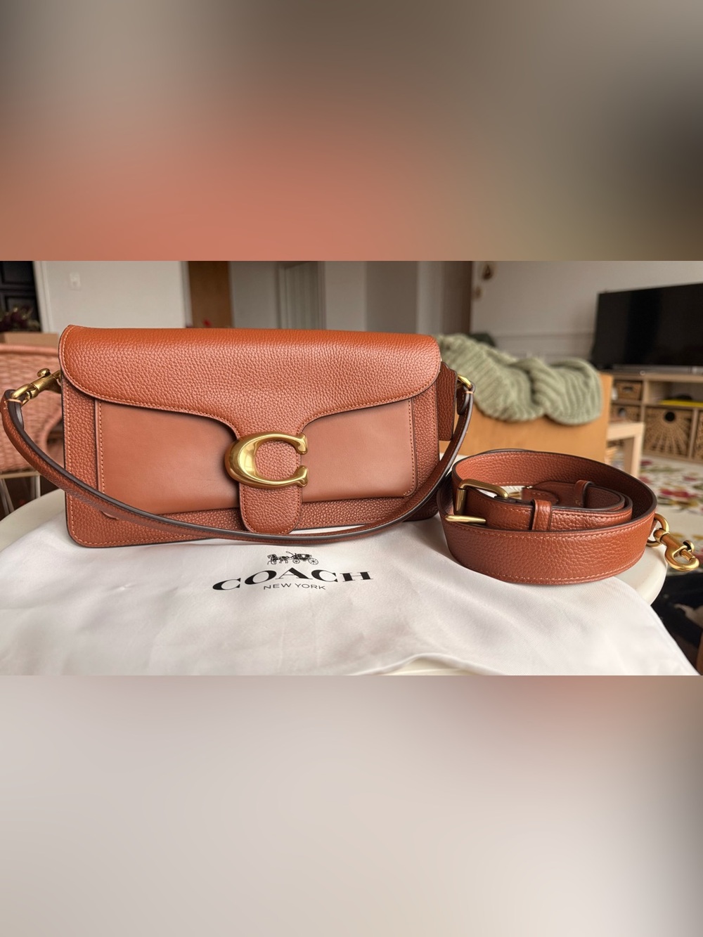 Coach Pebbled & Smooth Leather Crossbody in Cognac with Gold Hardware